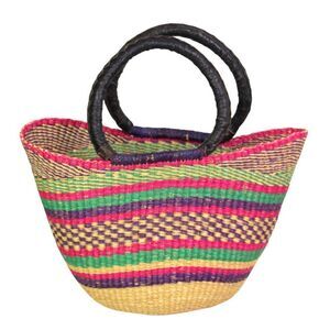 HANDCRAFTED MULTICOLOR STRAW BLACK LEATHER HANDLES BASKET SATCHEL HANDBAG PURSE